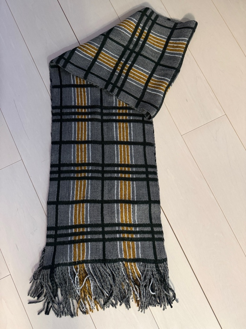 Gray Plaid Fringe Scarf with Mustard Stripes